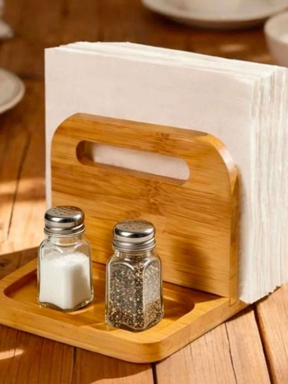 Napkin Holder for Table with Salt and Pepper, BambooStanding Holder for Kitchen.